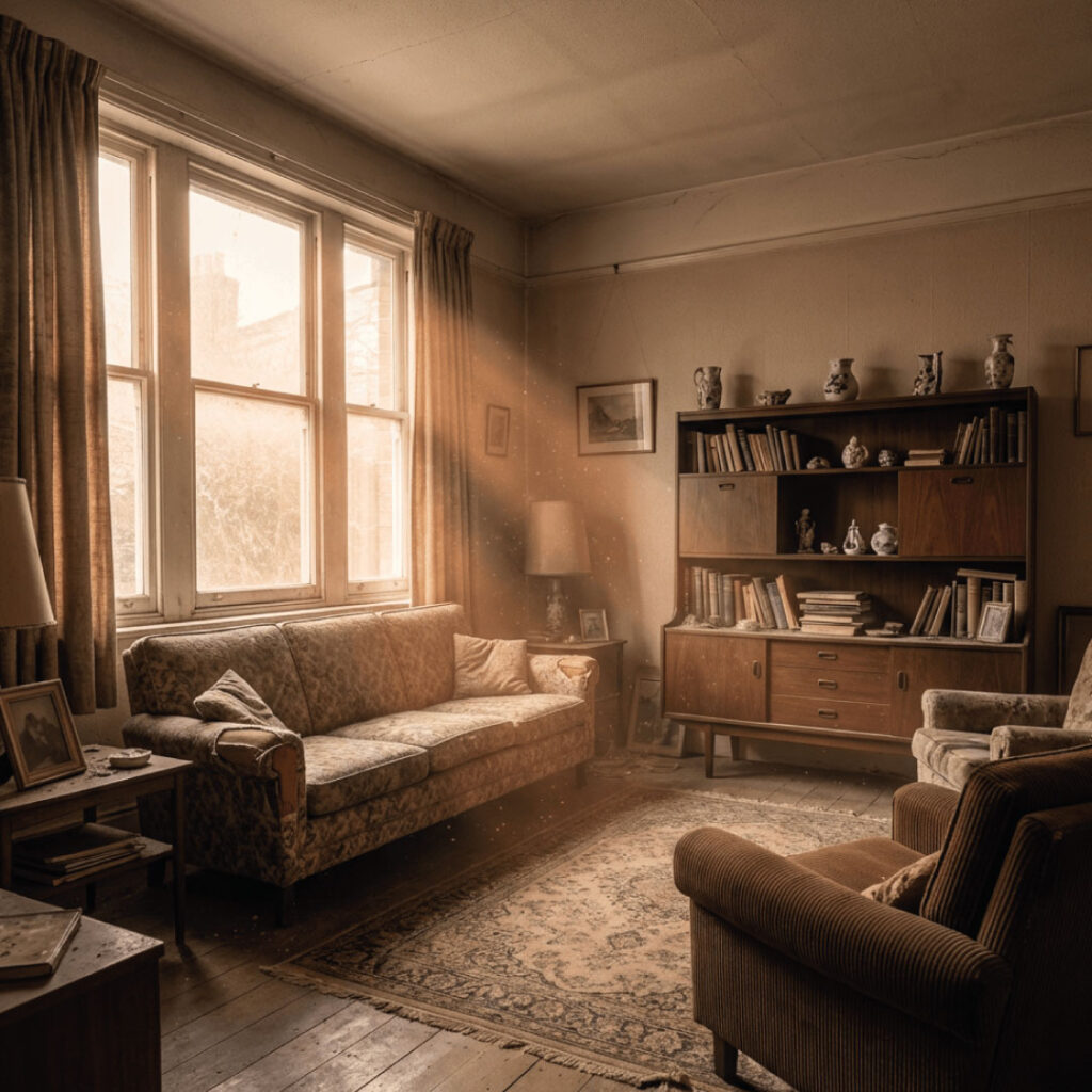 Innenraum mit Möbeln und Staubpartikeln – Illustration der Belastung durch schwerflüchtige Schadstoffe (SVOC)